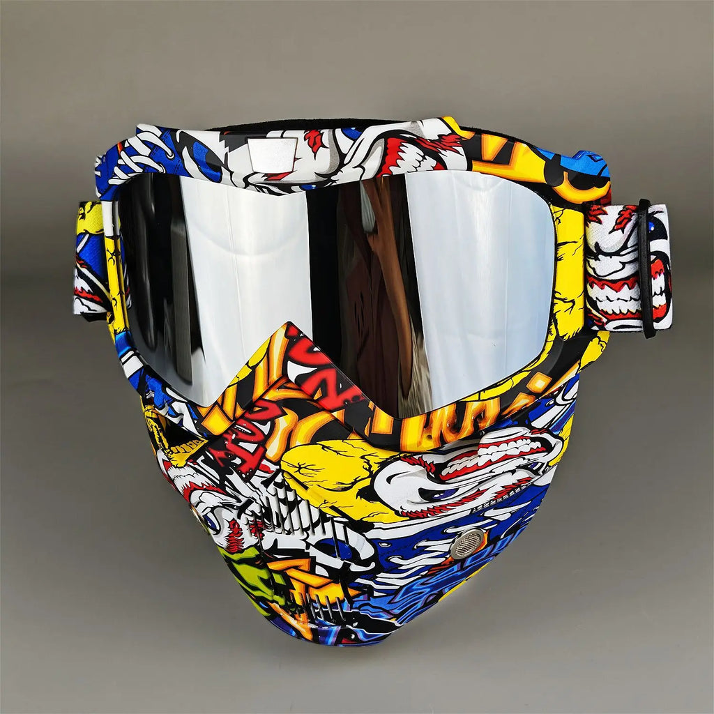 Motorcycle Glasses Riding Glases with Removable Face Mask, Removable Anti-fog Glasses, Mouth Filter, Adjustable Anti-slip Strap