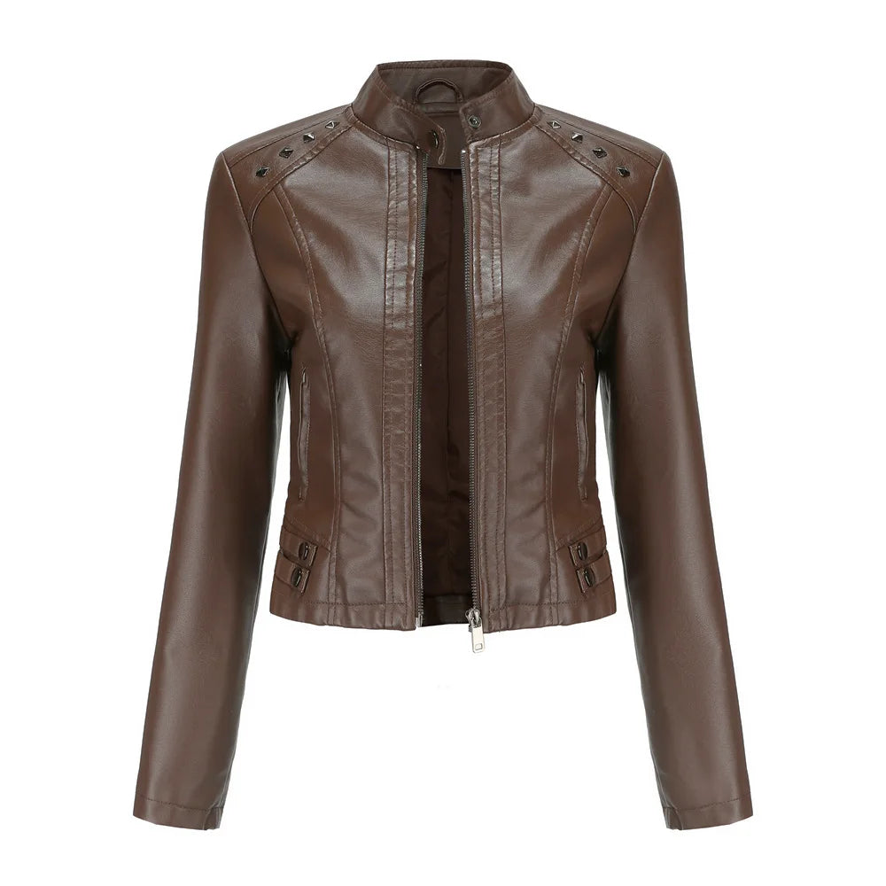 KIDCRKJ Spring Autumn Women's Leather Jacket Female Riveted Stand Collar Casual Coats Women's Motorcycle Jacket Women's Clothing