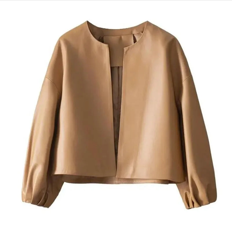 Fashion Motorcycle Clothing Khaki Black Leather Jacket Spring Autumn Women Coat Round-Neck Lantern Sleeve PU Leather Short Coat