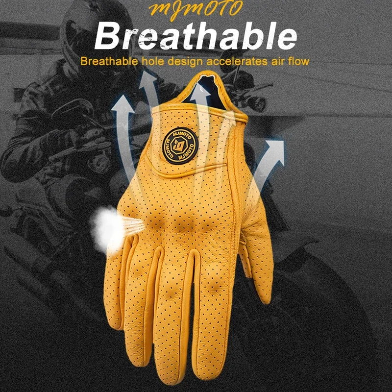 MJMOTO New Yellow Retro Motorcycle Riding Gloves Breathable Comfort Offroad Luvas Joint Protection Motorbike Glove Touchscreen