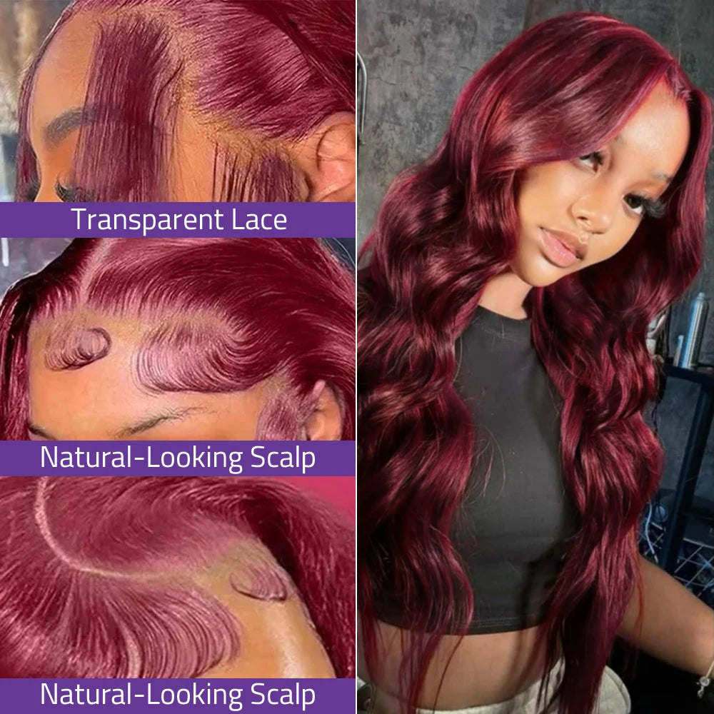 Burgundy Colored 13x4 HD Body Wave Lace Front Wig Human Hair 99J Red 13x6 HD Lace Frontal Wig 200 Density 30 40 Inch Remy Hair