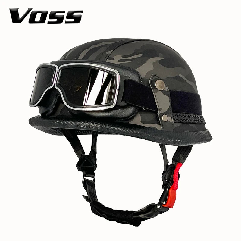 Vintage leather WWII-style black riding helmet, unisex open-face half helmet for German motorcycles, factory direct sales.