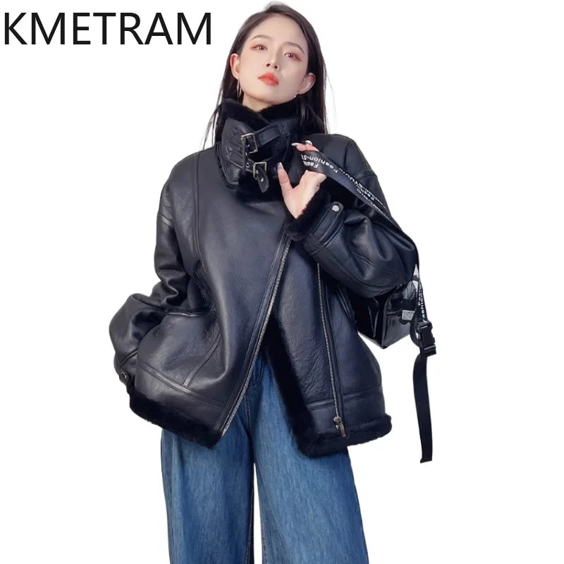 Natural Merino Sheepskin Wool Double Faced Fur Jacket Women Fashion Motorcycle Black Real Fur Coat Winter Woman Clothing 2025