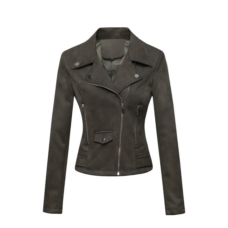 Women Vintage Suede Biker Jacket Slim Fit Short Motorcycle Coat Fashion Ladies Faux Leather Moto Jacket For Casual Ridin