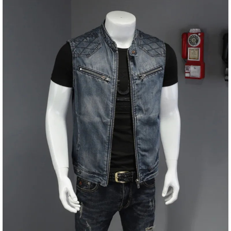 Mens Stand Collar Motorcycle Biker Denim Vest Vintage Zipper Cowboy Wasitcoat Men Casual Cotton Sleevless Jean Jacket Coat