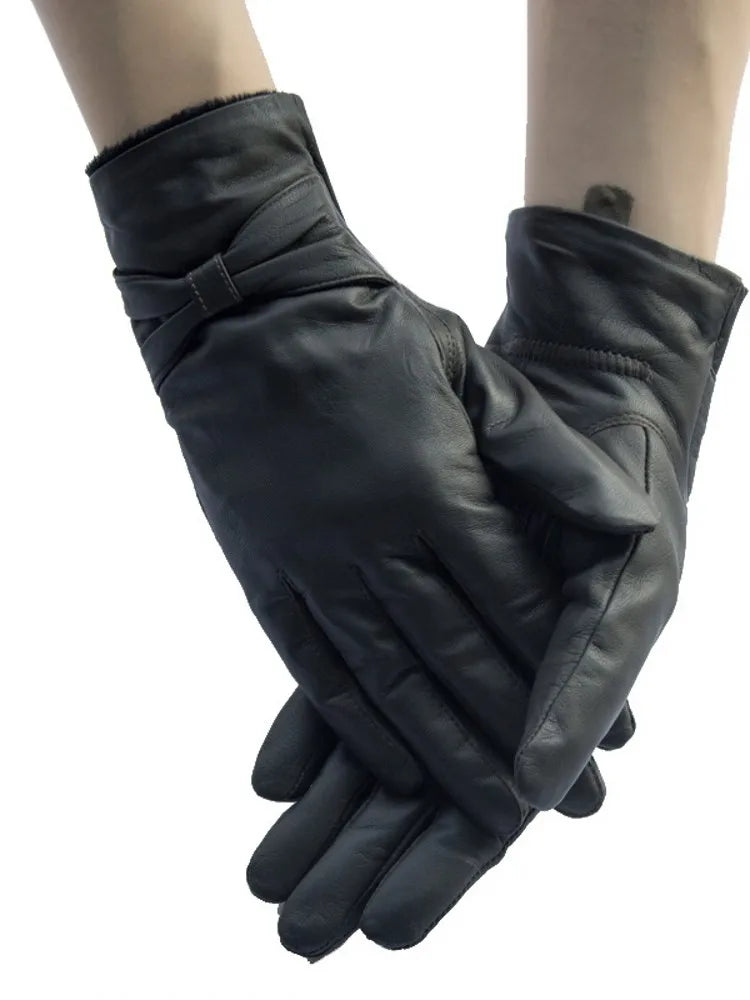 New Women Bowknot Real Sheepskin Gloves Winter Warm Fleece Lining Genuine Leather Driving Mittens Moto Biker Riding Gloves