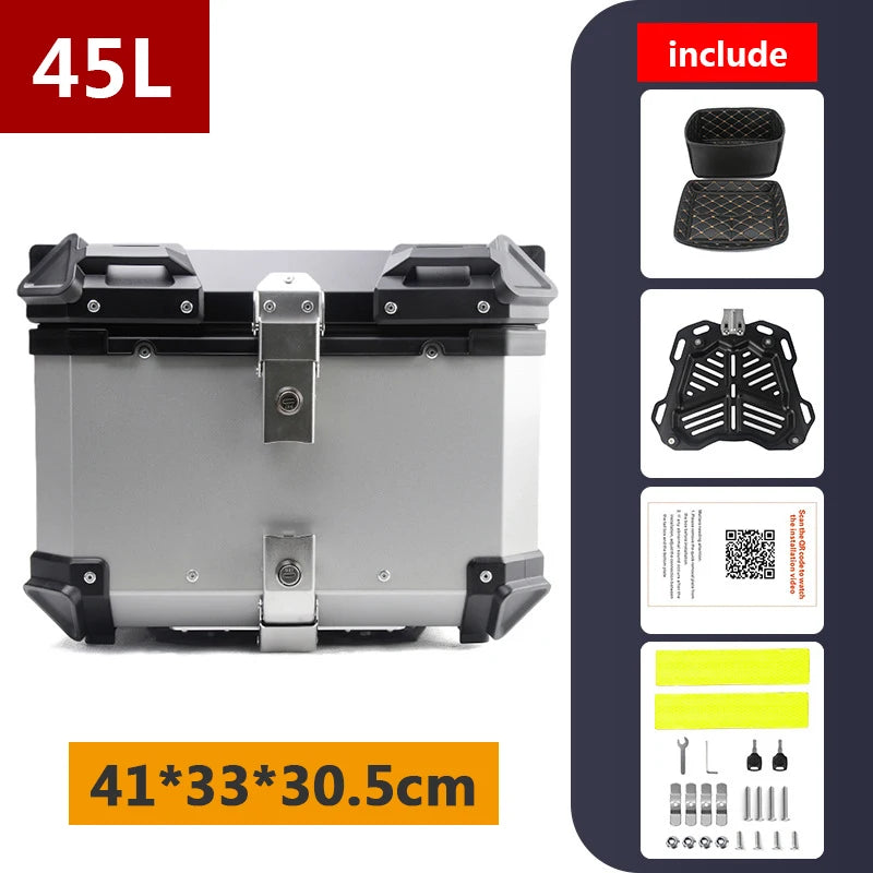 Aluminum Motorcycle Box 45L 55L 65L 80L Motorcycle Rear Luggage Box Helmet Travel Storage Case Moto Top Box Universal Waterproof