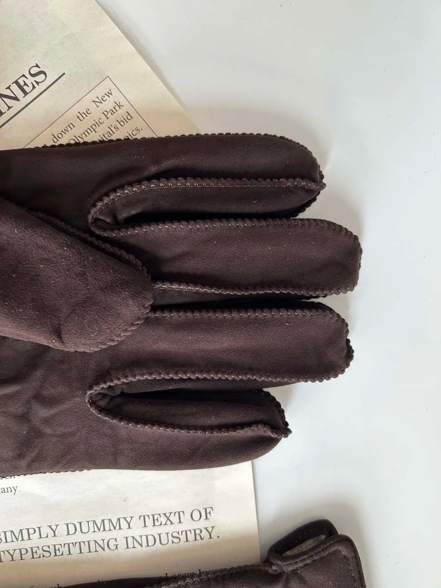 Men Retro Sheepskin Suede Leather Gloves Winter Warm Full Finger Dark Brown Gloves Riding Motorcycle Gloves