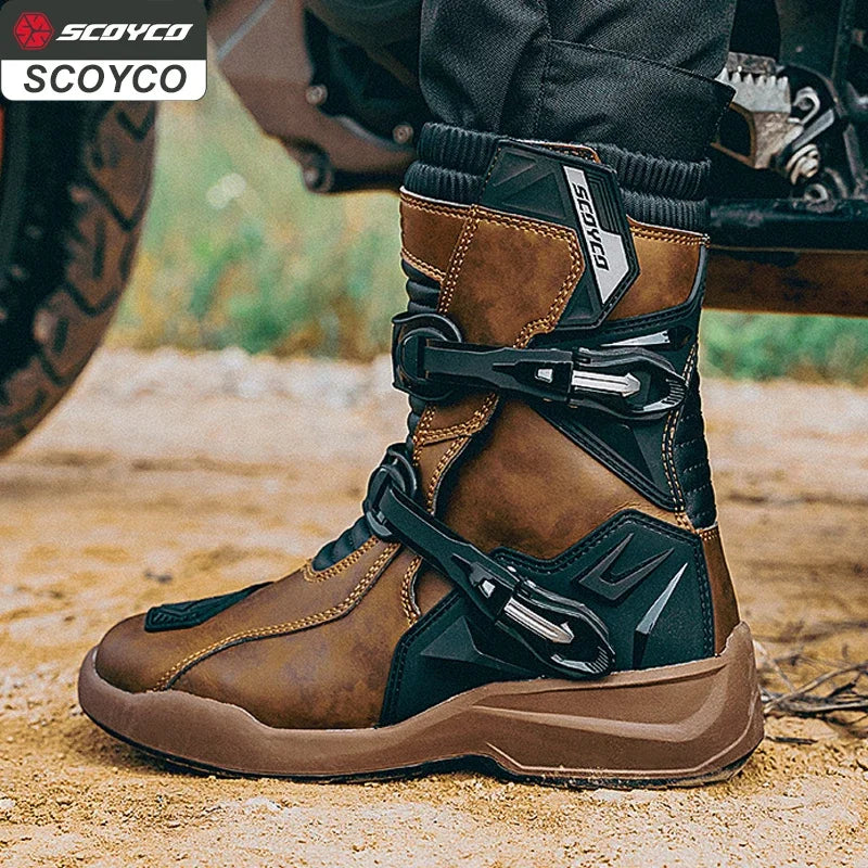SCOYCO Motorcycle Protective Boots Waterproof Enduro Riding Shoes TPU Leather Anti-slip Motocross Rally High Top Boot botas moto