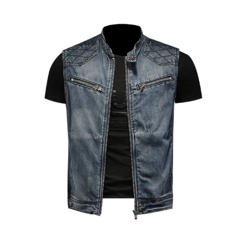 Mens Stand Collar Motorcycle Biker Denim Vest Vintage Zipper Cowboy Wasitcoat Men Casual Cotton Sleevless Jean Jacket Coat
