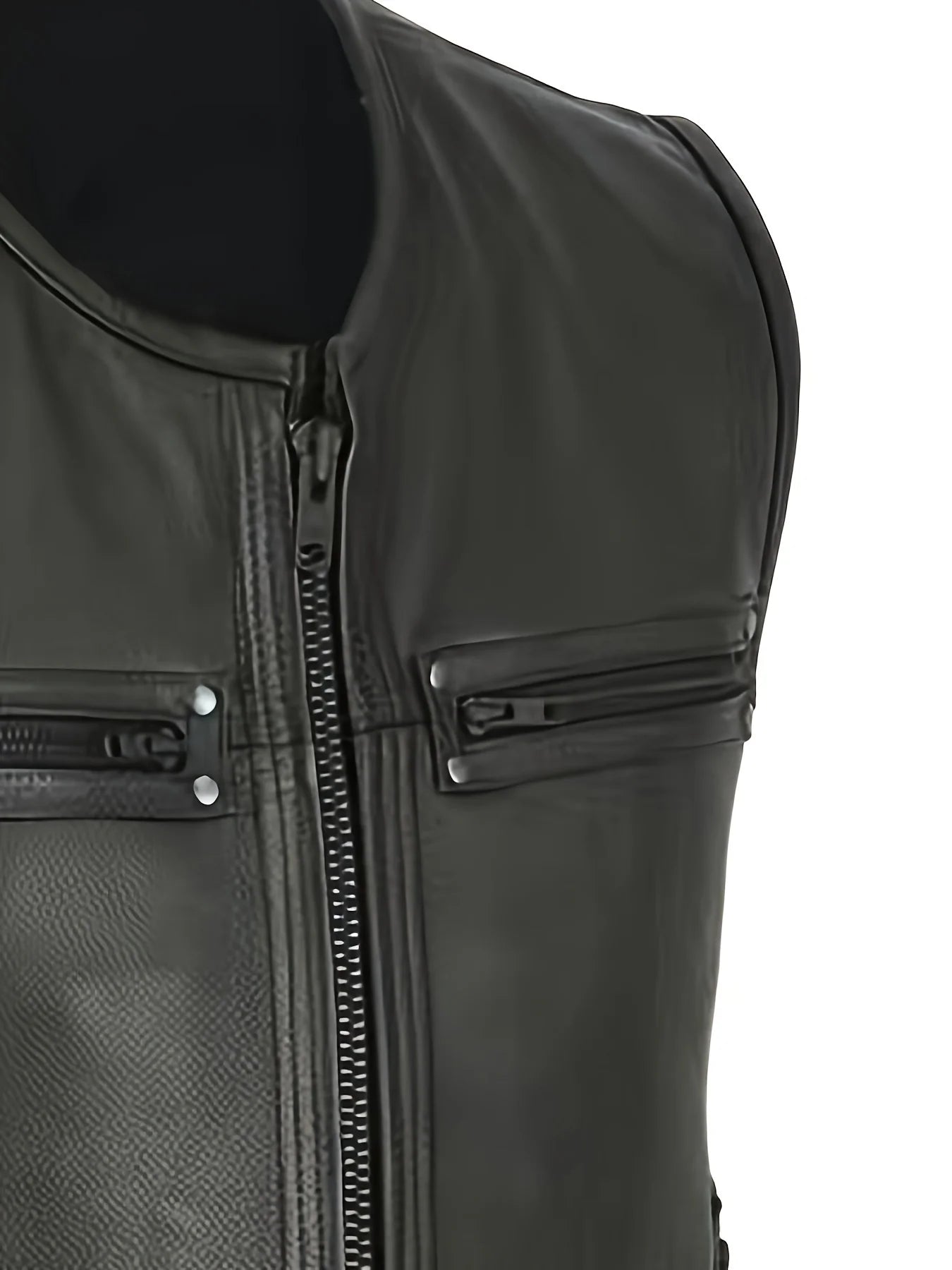 Men Solid Color Vest Motorcycle Fleet Punk Leather Vest Coat Sleeveless O-Neck Zipper Slim Jacket Autumn Work Coats Male Wear