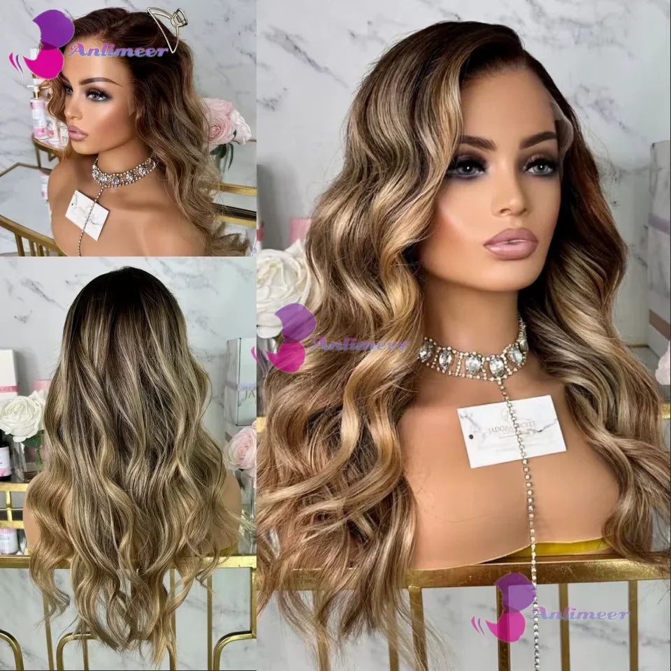 Light Blonde Brown Highlight Glueless 5x5 Silk Top Human Hair Lace Front Wigs Bleached Knots Brazilian Brown Root Full Lace Wig