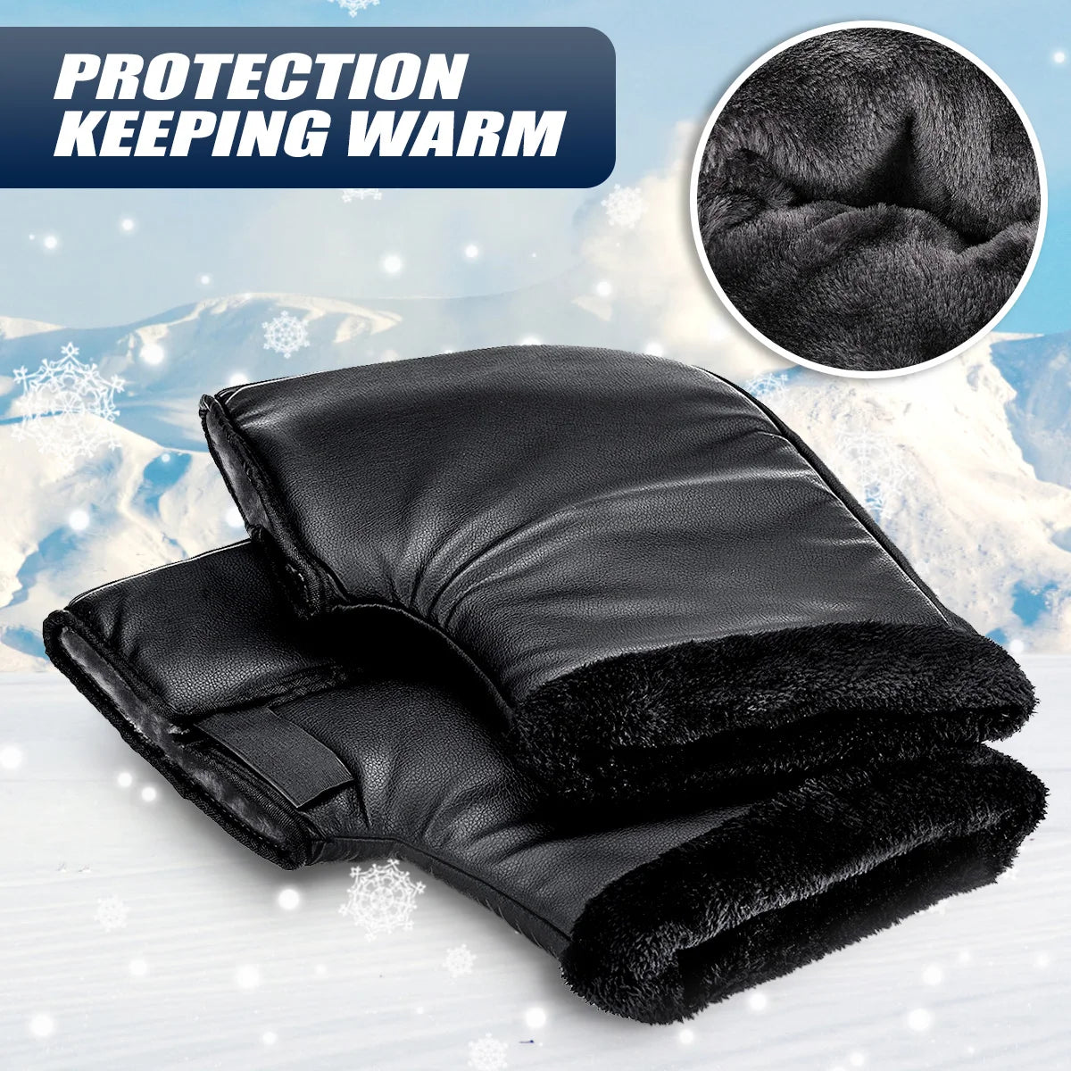 2X Motorcycle/Scooter Handlebar Hand Muffs Winter Thermal Handlebar Gloves Black PU Windproof Waterproof Motorbike Riding Gloves