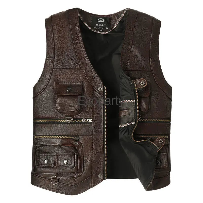 2024 Autumn Winter Leather Vest Men's Zipper Waistcoat Steampunk Sleeveless Motorcycle Jackets Casual Multiple Pockets Coat
