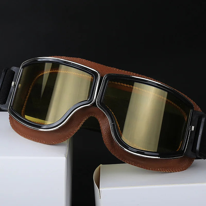 Motorcycle Helmet Glasses–Retro Windproof Sunglasses with Leather Frame–Lightweight Foldable&Universal Fit–Perfect for riding