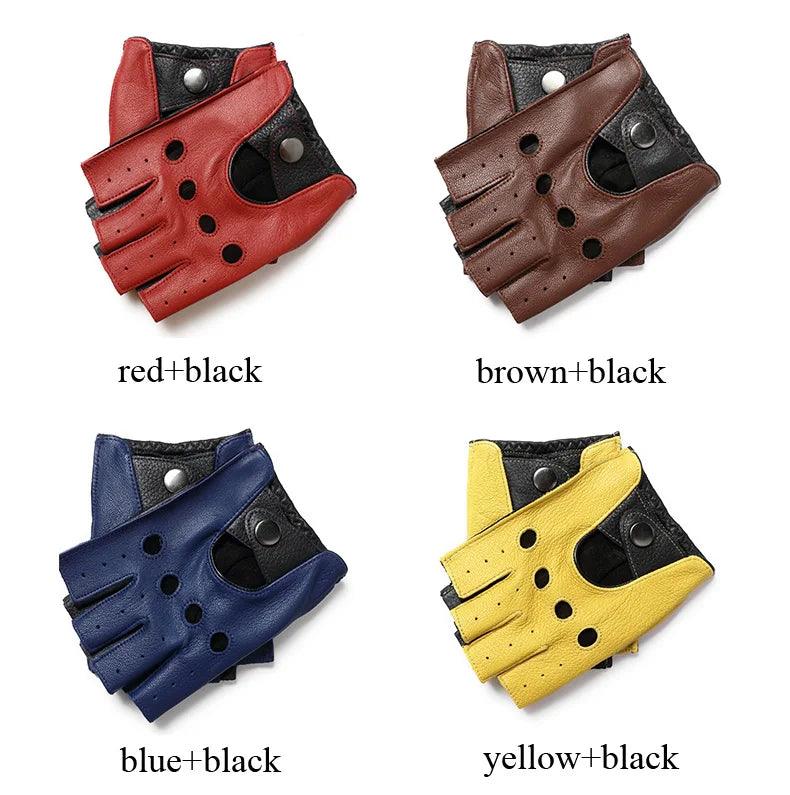Spring Male100% Pure Real Leather Half Finger Thin Gloves Man Genuine Sheepskin Red/Brown/Blue Driving Riding Luvas Guantes