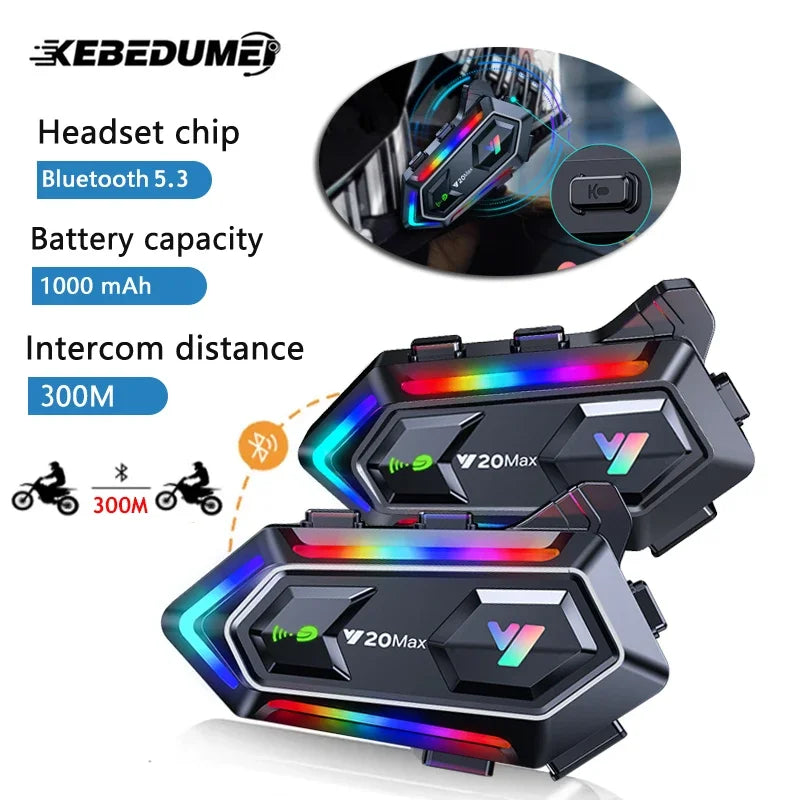 Y20 MAX Motorcycle Helmet Intercom V5.3 Hands Free Call Kit 1000mAh For 2 Rider Intercomunicador Moto Interphone Music Player