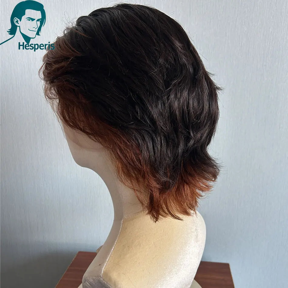 Hesperis Pre-Styled Male Ombre Brown Wig Full Lace Brown Remy Human Hair Short Cut Wig for Men Hair Replacement System