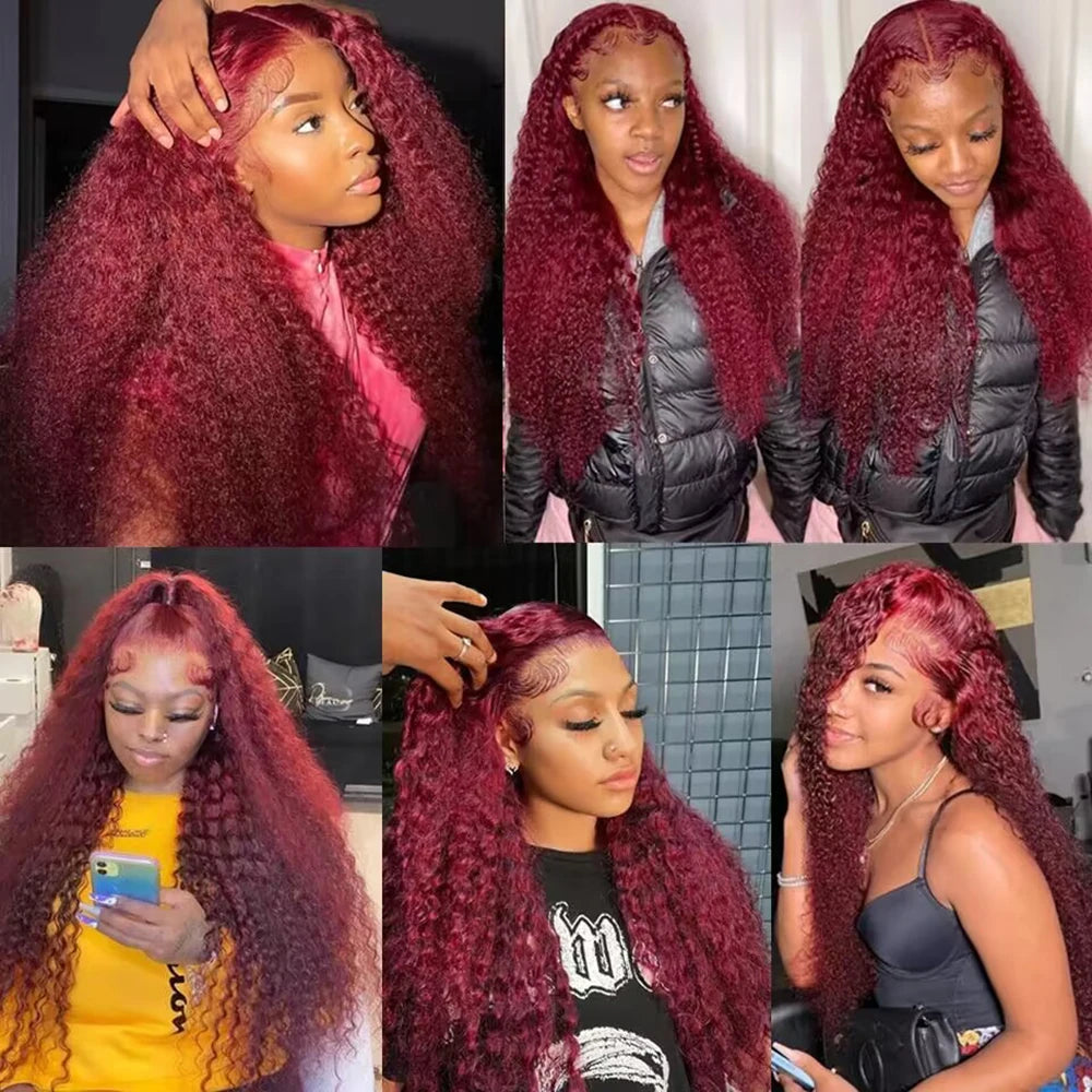 99J Burgundy Deep Wave 200 Density 13x4 HD Lace Front Wig Red Colored Curly Wave 13x6 Lace Frontal Human Hair Wigs For Woman