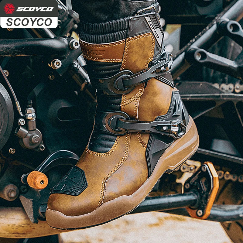 SCOYCO Motorcycle Protective Boots Waterproof Enduro Riding Shoes TPU Leather Anti-slip Motocross Rally High Top Boot botas moto