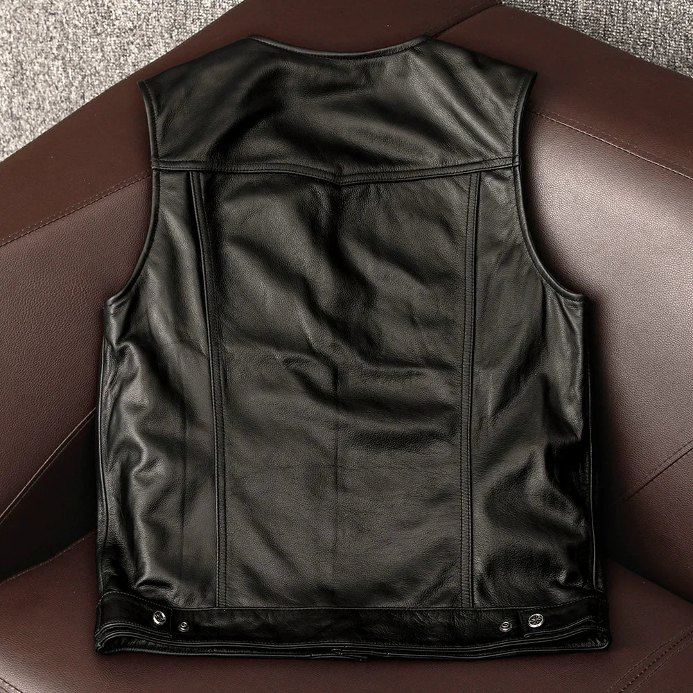 Genuine Leather Vest Men's Casual American Sle Top Layer Cowhide ort Faion Urban Motorcycle Vest Autumn Season V-Ne