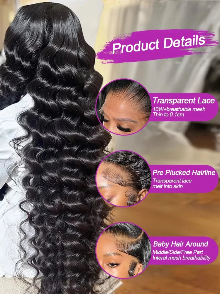 WeWave Loose Deep Wave Wig 1B Black 13x6 HD Lace Human Hair Wig Pre Plucked Baby Hair Bleached Knots Brazilian Wigs Original