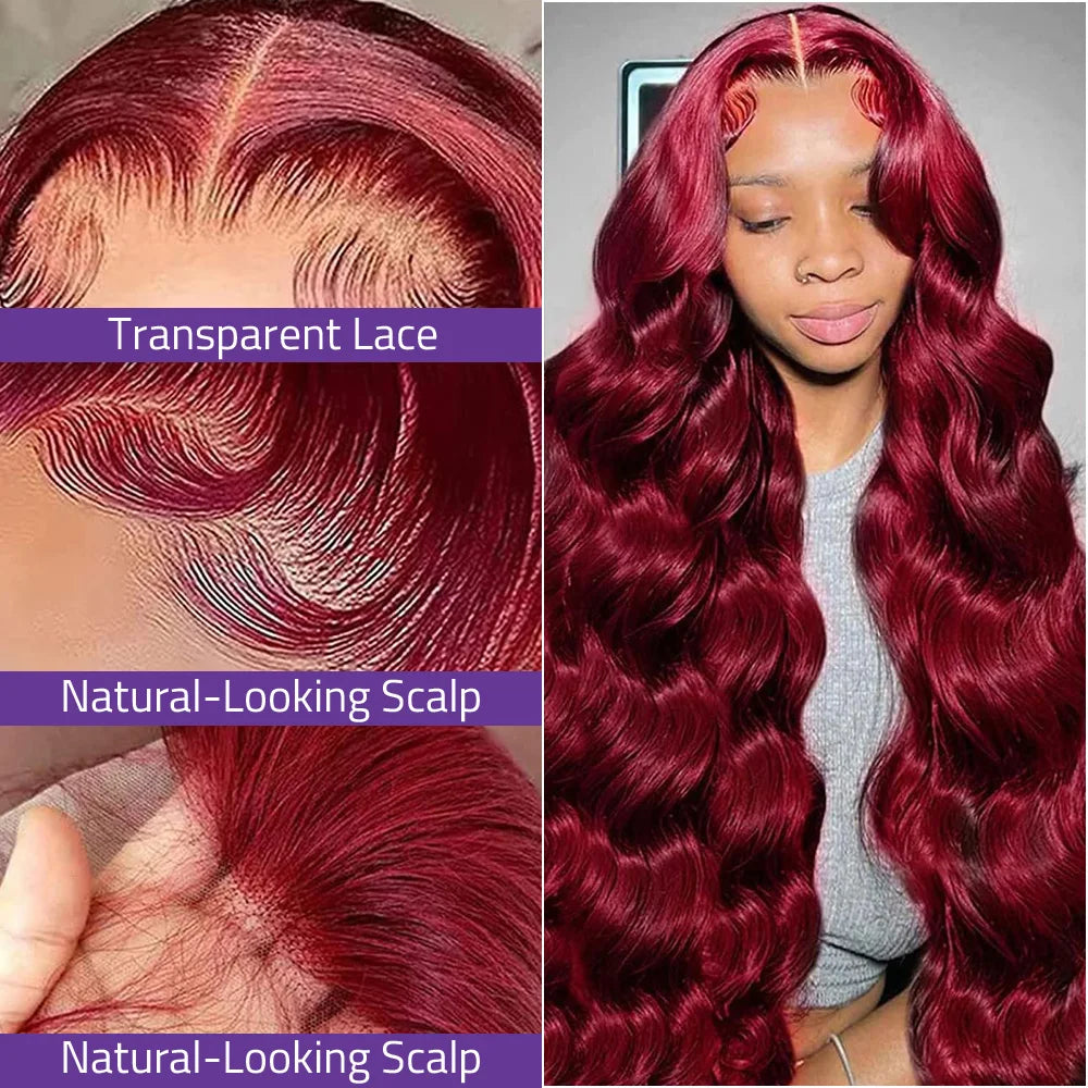 40 Inch 99J Burgundy 13x4 HD Lace Front Wig Body Wave 13x6 HD Lace Front Wigs Pre Plucked Red Colored Wigs For Women 200 Density