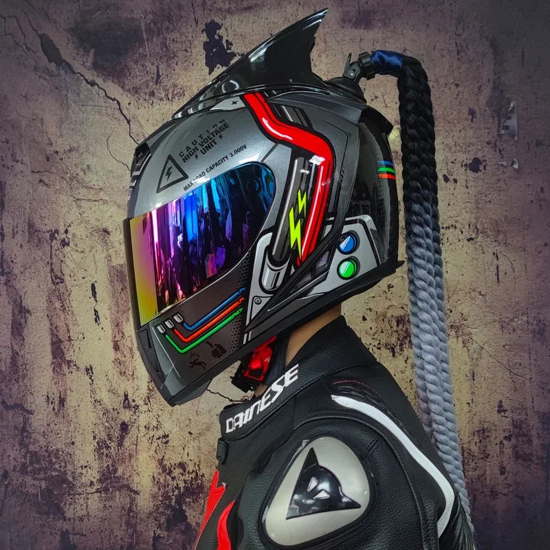 Full face helmet motorcycle riding helmet safety double lens Racing helmet Individuality braids horns