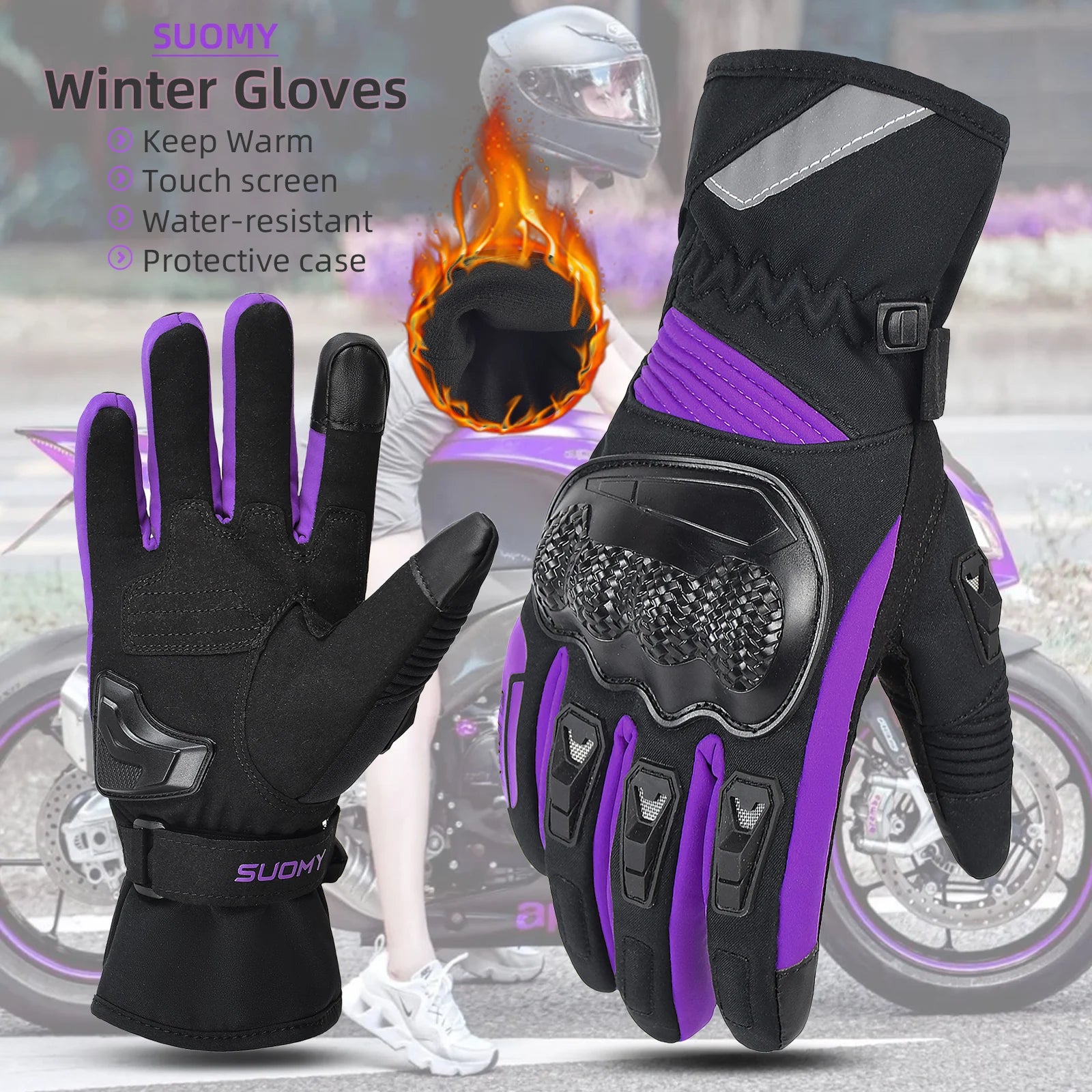 SUOMY Winter Motorcycle Gloves Lady Pink/Purple Windproof Waterproof Biker Gloves Touch Screen Warm Riding Gloves For Women