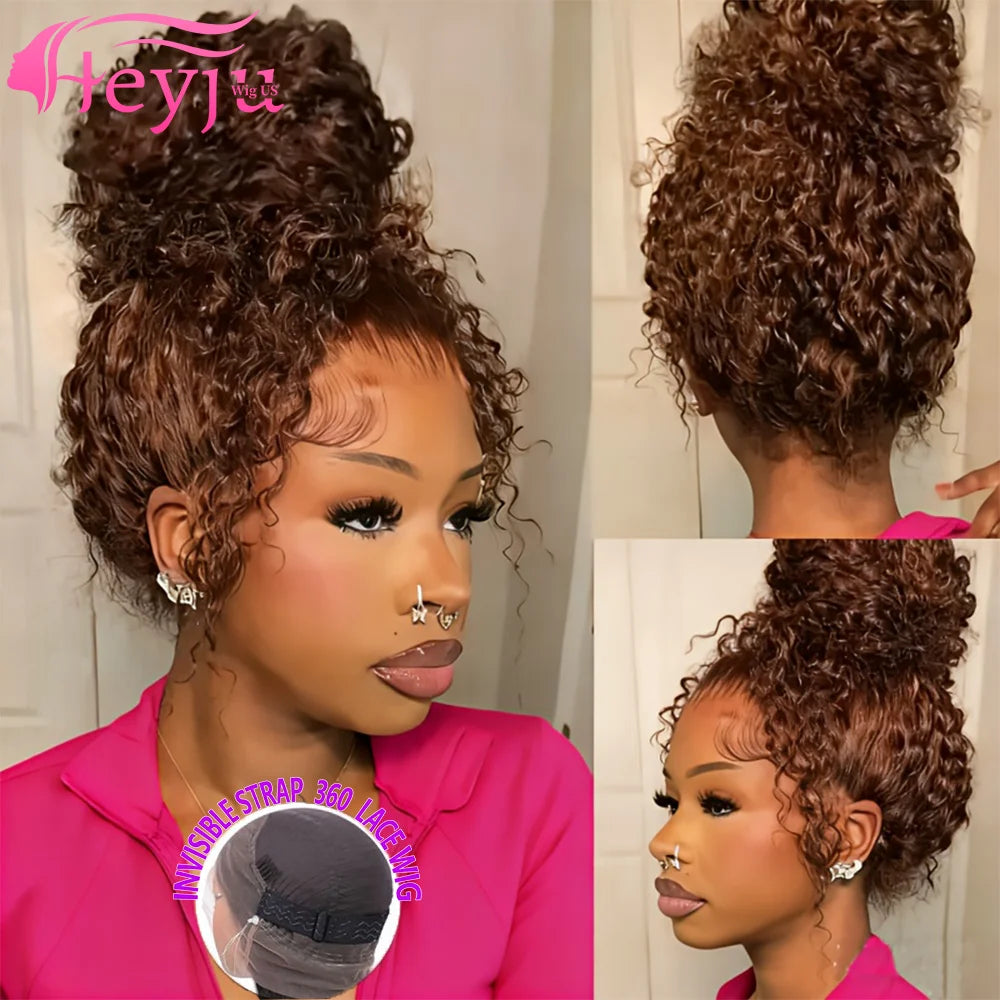 Heyju Invisible Strap HD 360 Lace Front Wigs Human Hair Chocolate Brown Curly 360 Full Lace Drawstring Human Hair Glueless Wigs