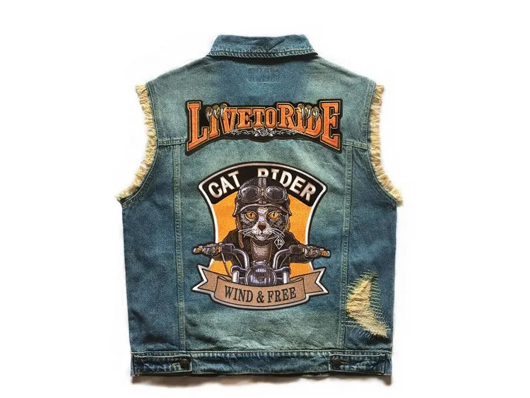 Embroidered Denim vest blue Jeans Patchwork Motorcycle Biker Jeans Sleeveless jacket punk Cowboy Fashion vest live to ride 6XL