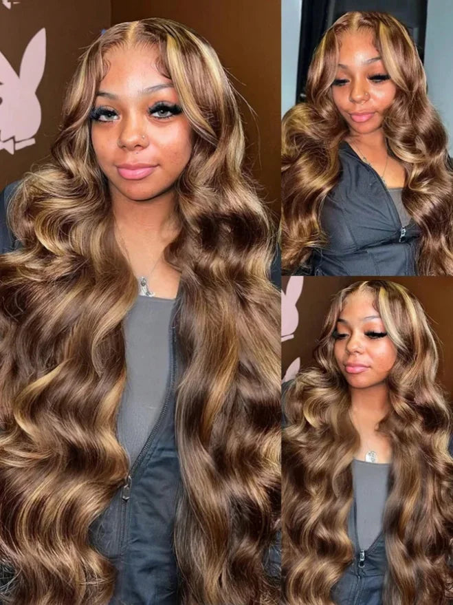 34 Inch13x4 Honey Blonde Ombre Lace Front Wigs Human Hair Pre Plucked 200 Density 4/27 Highlight Colored Body Wave Frontal Wigs