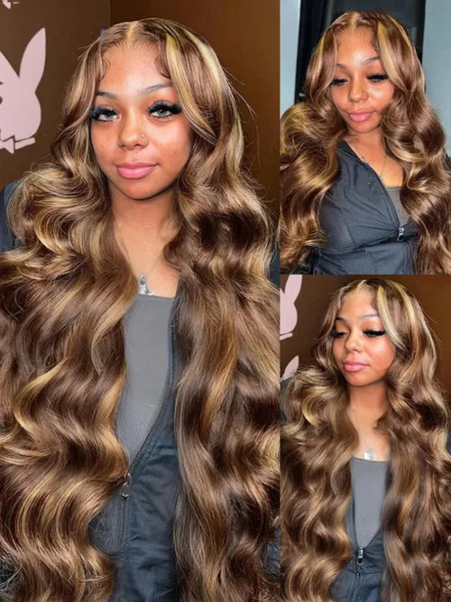 34 Inch13x4 Honey Blonde Ombre Lace Front Wigs Human Hair Pre Plucked 200 Density 4/27 Highlight Colored Body Wave Frontal Wigs
