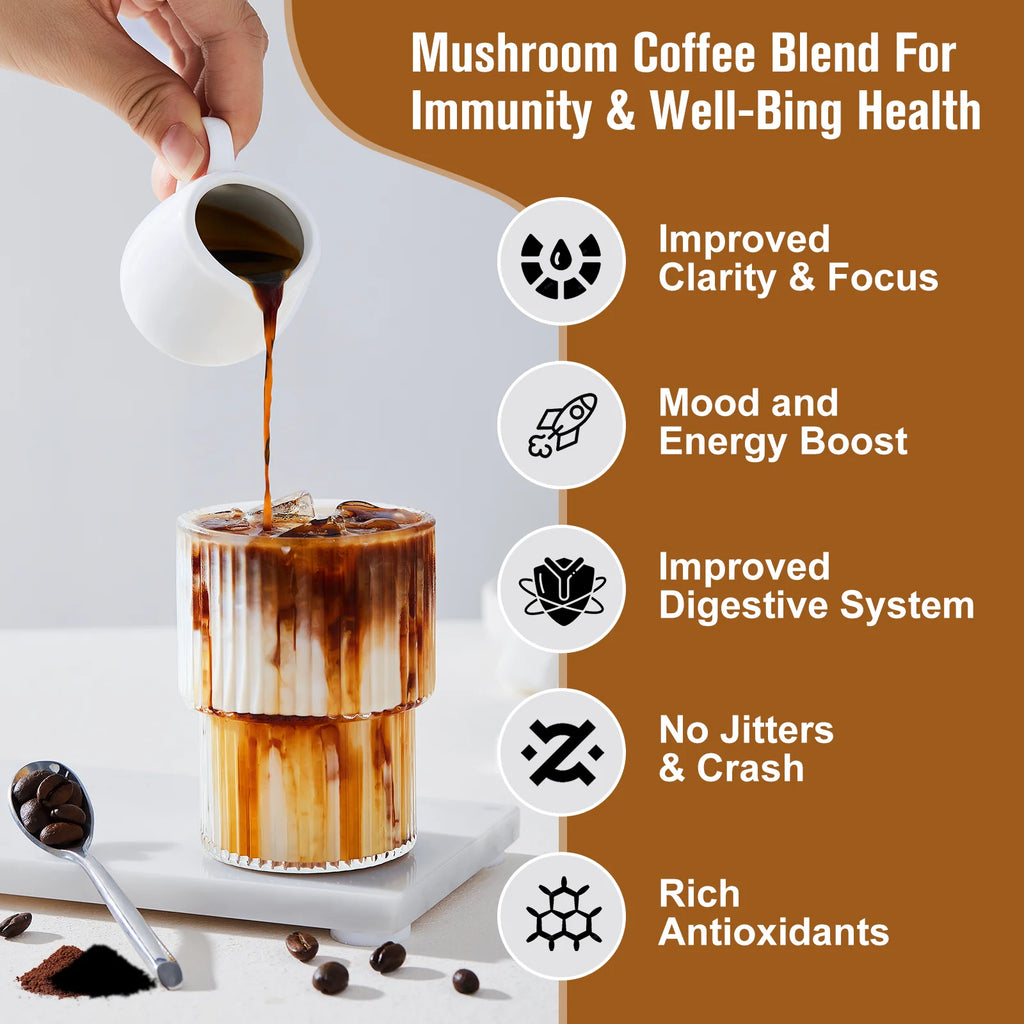 Mushroom Coffee Supplement with Cordyceps, Reish, Lion's Mane For Energy, Focus, Positive Mood And Immune Support