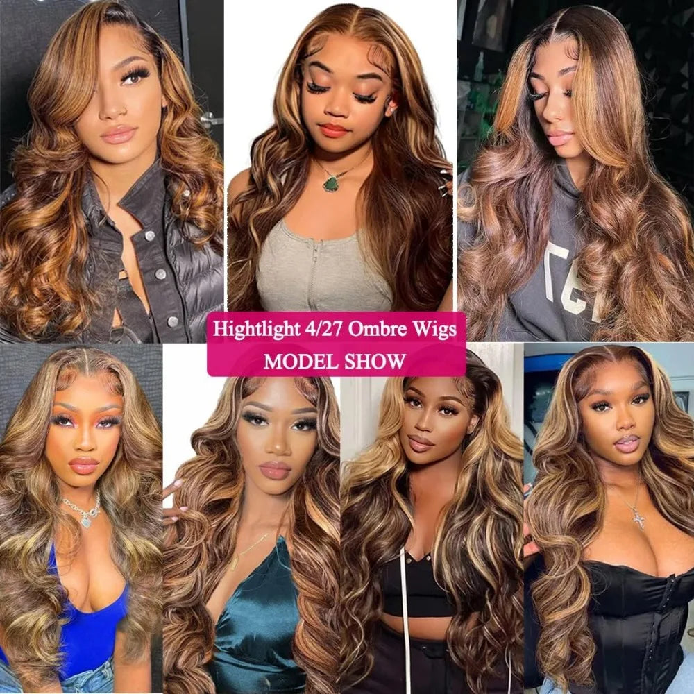 13x6 Body Wave HD Lace Frontal Wigs Colored Highlight Natural Human Hair Wigs For Women Brazilian 4/27 Blonde Pre Plucked Wigs