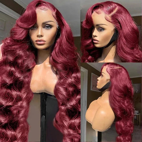 250% Density Body Wave Wig Burgundy 99J Lace Front Wig 13x4 HD Lace Frontal Wig Human Hair Pre Plucked 99j Red Colored Wig