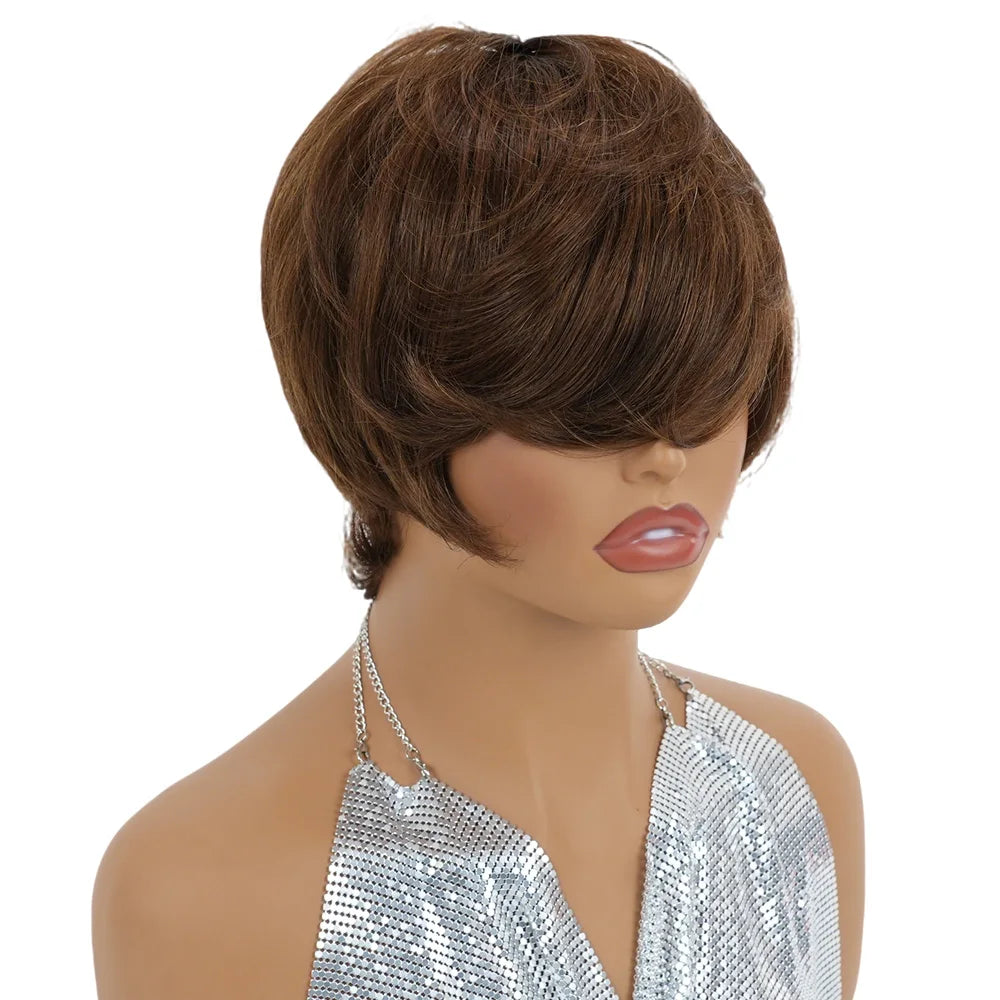 Short Straight Brown Textured Pixie Cut Human Hair Wig With Bangs Brazilian Remy layered shaggy pixie Wigs Machine Made