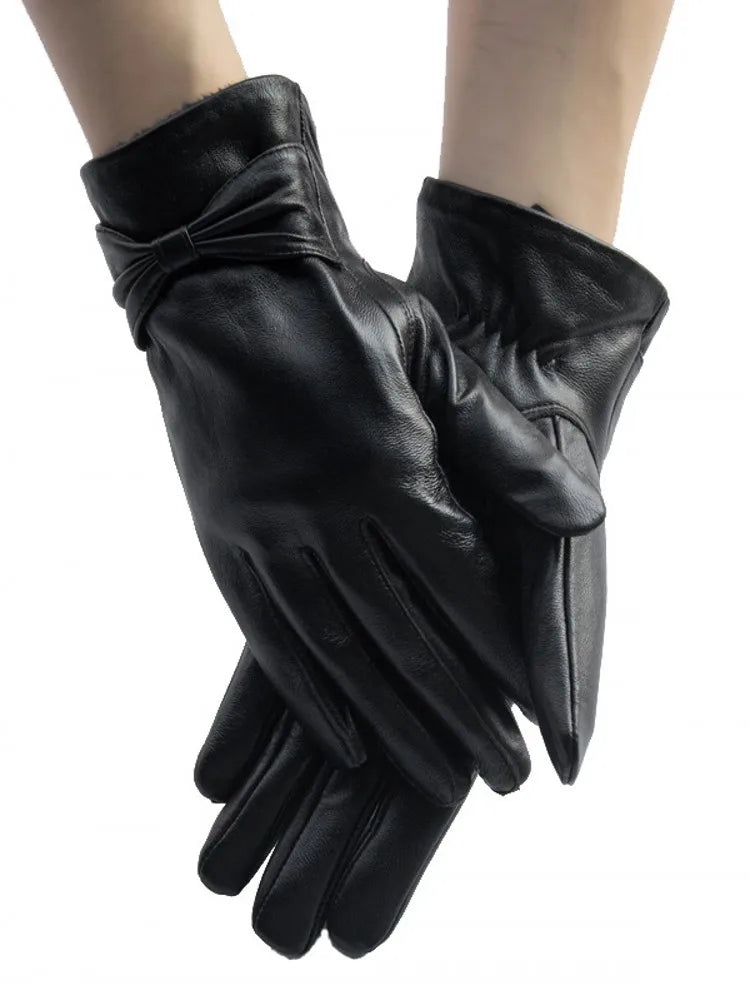 New Women Bowknot Real Sheepskin Gloves Winter Warm Fleece Lining Genuine Leather Driving Mittens Moto Biker Riding Gloves