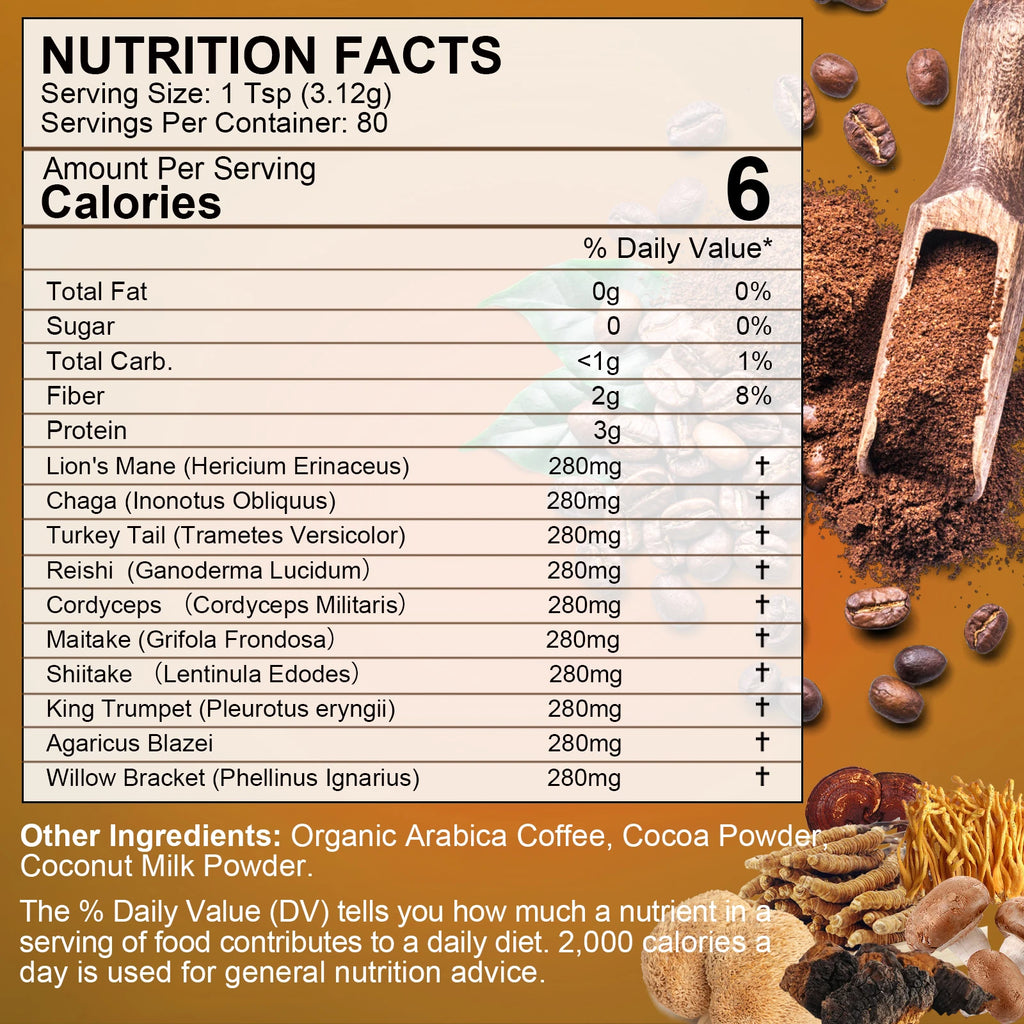 Lion's Mane Mushroom Coffee 10-ingredient Mushroom Blend Chaga, Cordyceps for Energy, Focus, Memory Health Immune health