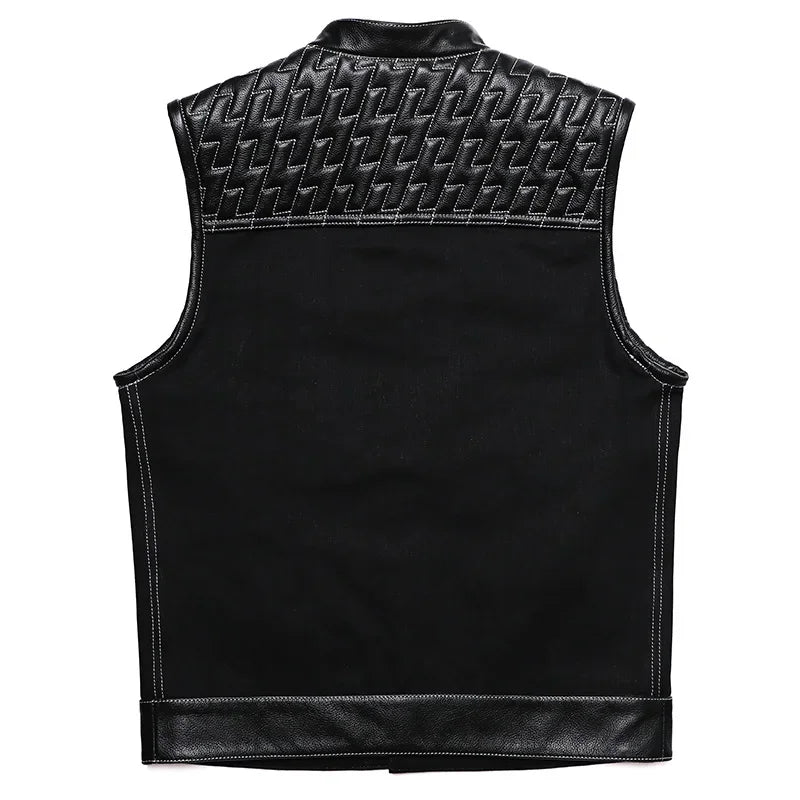 SOA Club Style Motorcycle Leather Vest Men Cowhide Denim Patchwork Waistcoat Sons of Anarchy Biker Vests Man Sleeveless Jacket