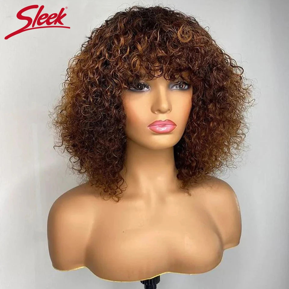 Brazilian Jerry Curly Short Bob Human Hair Wigs With Bang Wear To Go Glueless Wig Highlight Water Wave Blonde Wig For Women