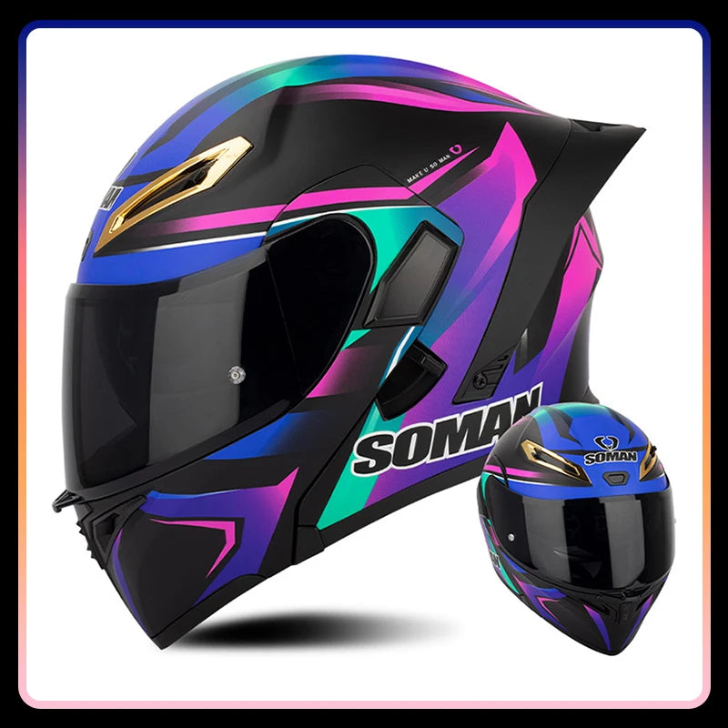 Men Women Motorcycle Helmets Full Face Helmet Colorful Dual Lens Flip Up Helmet DOT Approved Purple Modular Helm Casco Para Moto