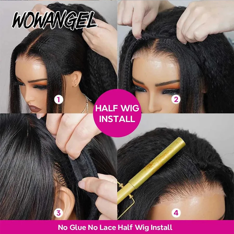 250% Light Yaki Half Wigs Human Hair Invisible Hairline Wear Go Glueless Wigs Yaki Straight 3 In 1 Flip Over Wig Quick Install