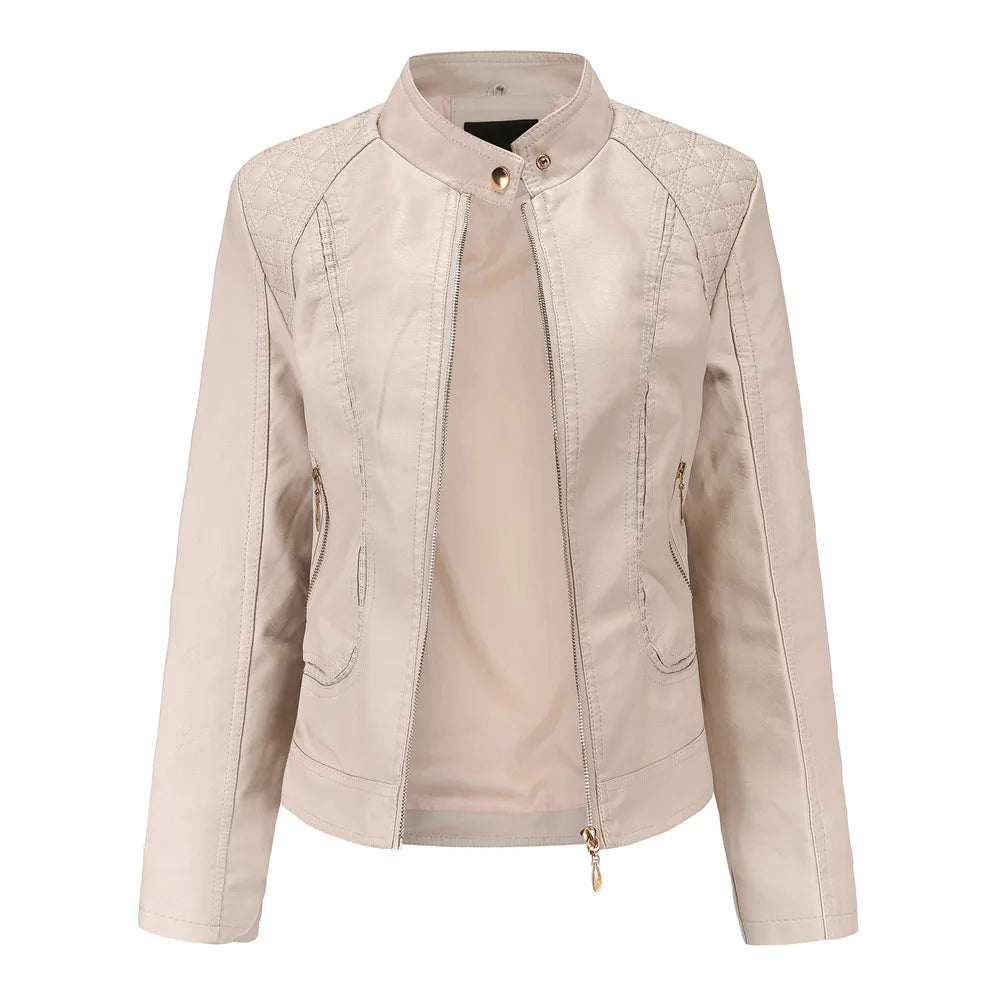 Punk Leather Jacket for Women, Large Standing Neck, Motorcycle Coat, Spring and Autumn Clothing, Temperament