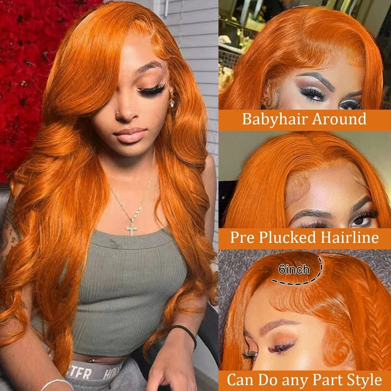 Ginger Orange Body Wave 13x6 Transparent Lace Front Wig Human Hair for Women #350 Colored Pre Plucked Natural Hairline 200%