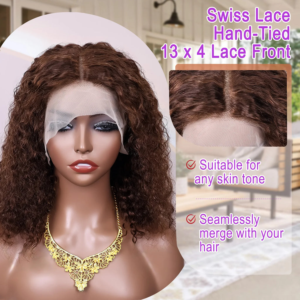 Brown kinky Curly Short Bob Wig 13x4 4x4 Bob Wigs Brazilian Water Deep Wave Human Hair Wig Preplucked For Woman Short Pixie