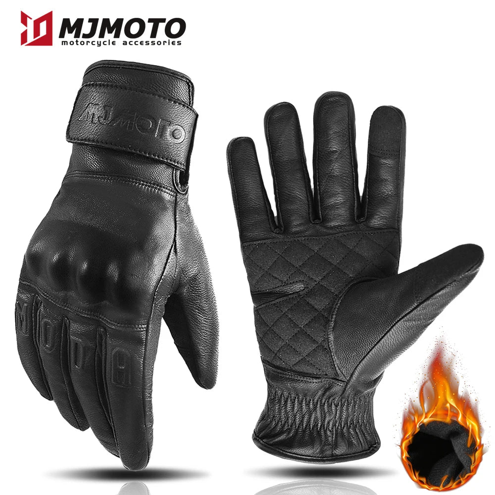 Retro Winter Motorcycle Leather Gloves with Certified Lined with Fleece for Warmth Protective Anti-fall Touch Motocross Gloves
