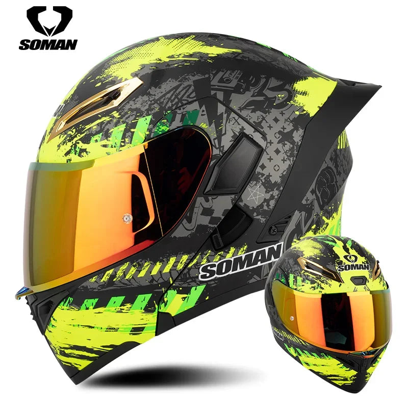 SOMAN Full Face Helmet Dual Lens Flip Up Motorcycle Helmets Casco Accessories Men Women Casque Moto Racing DOT Approved Visor