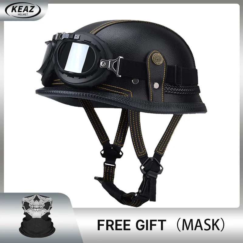 Factory Price Motorcycle German Style Leather Half Face Helmet DOT Approved Cap1/2 Shell Helmets+Goggles Open-Face Casque
