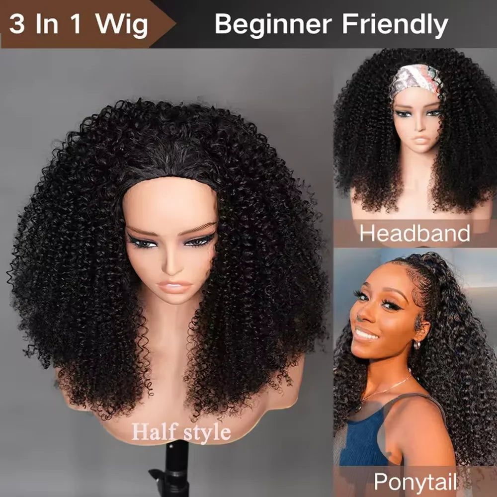 16-32 Inch Human hair Wigs Kinky Curly Headband Wig Upgrade 3 IN 1 Half Wig With Drawstring Seamless Clip Ins High Density Wigs